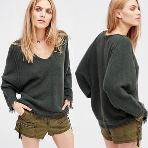 Free People Irresistible Wool Blend Fringe Sweater Knit Green Womens Medium Boho